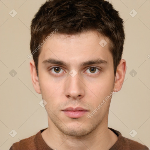 Neutral white young-adult male with short  brown hair and brown eyes