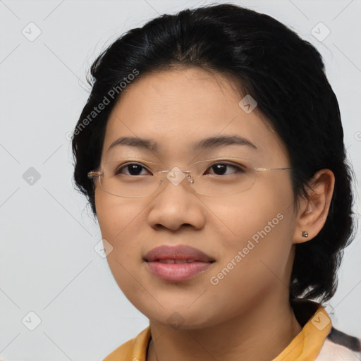 Joyful asian young-adult female with medium  brown hair and brown eyes