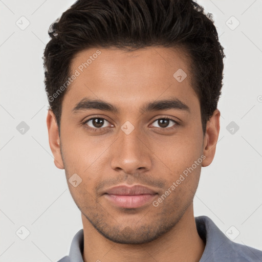 Neutral white young-adult male with short  brown hair and brown eyes