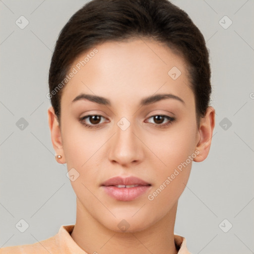 Neutral white young-adult female with short  brown hair and brown eyes