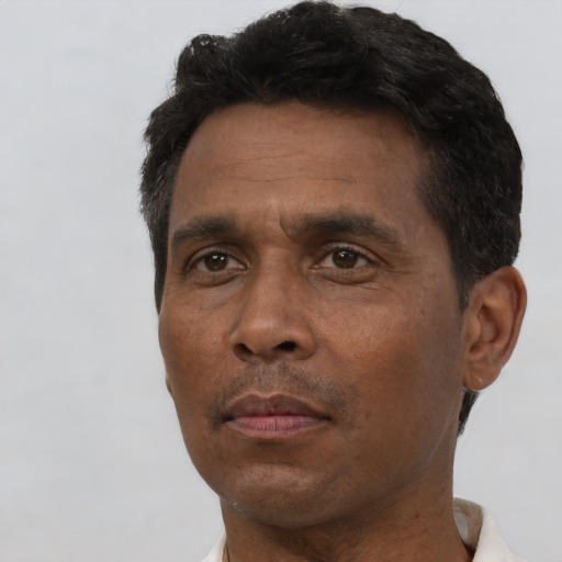Neutral black adult male with short  black hair and brown eyes