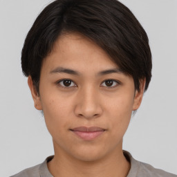 Neutral asian young-adult female with short  brown hair and brown eyes