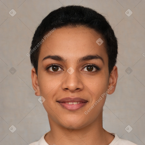 Joyful latino young-adult female with short  black hair and brown eyes