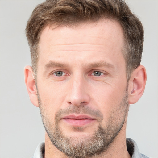 Joyful white adult male with short  brown hair and grey eyes