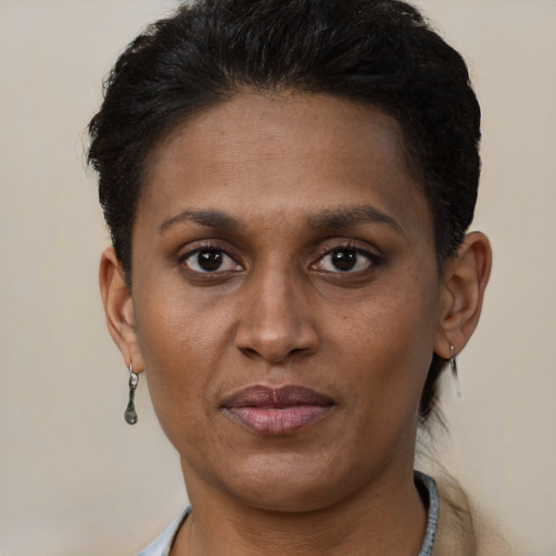 Neutral latino adult female with short  brown hair and brown eyes