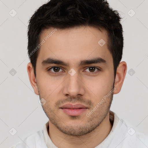 Neutral white young-adult male with short  brown hair and brown eyes