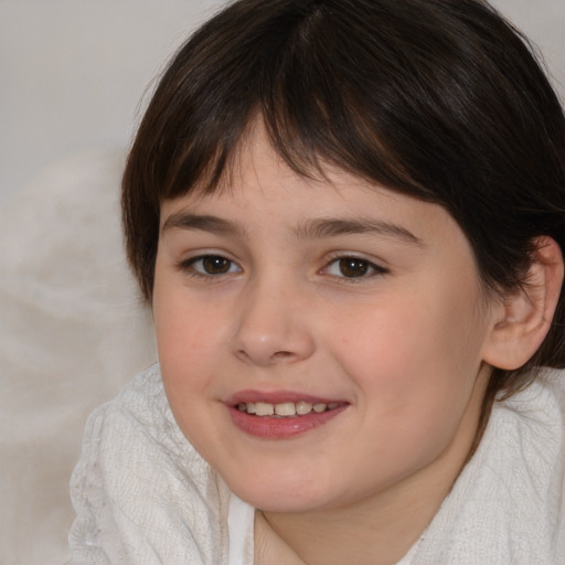 Joyful white child female with medium  brown hair and brown eyes