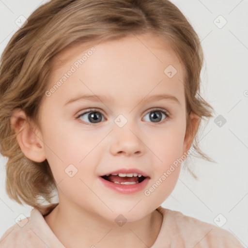 Joyful white child female with medium  brown hair and blue eyes