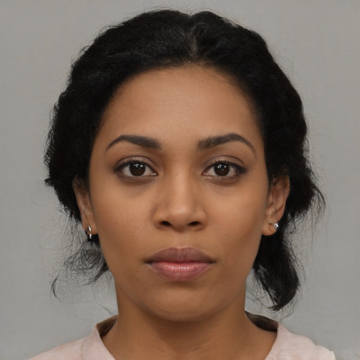 Neutral latino young-adult female with medium  black hair and brown eyes