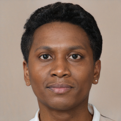 Joyful black young-adult male with short  brown hair and brown eyes