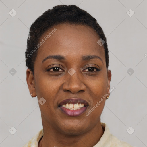 Joyful black young-adult female with short  black hair and brown eyes