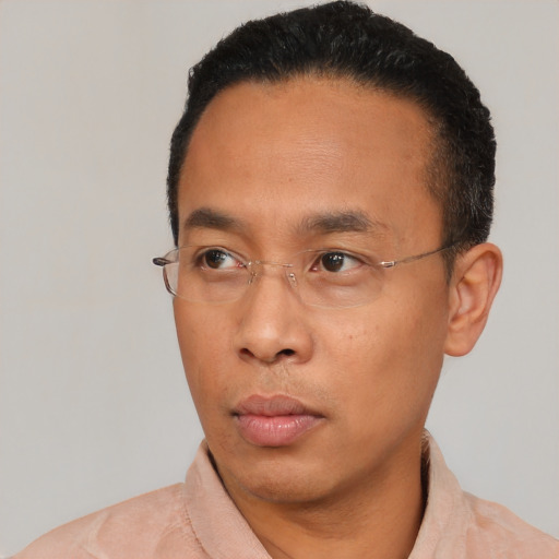 Neutral latino adult male with short  black hair and brown eyes