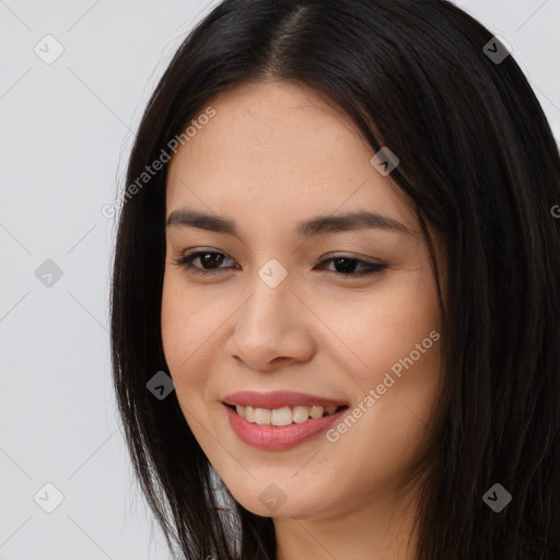 Joyful asian young-adult female with long  brown hair and brown eyes