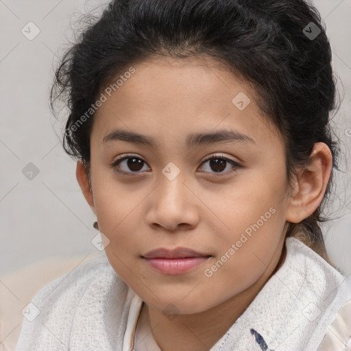 Joyful white child female with short  brown hair and brown eyes