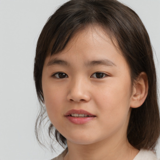Joyful white child female with medium  brown hair and brown eyes