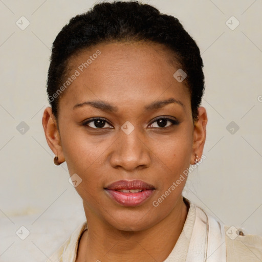 Joyful black young-adult female with short  black hair and brown eyes