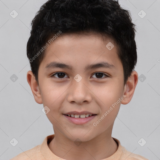 Joyful white child male with short  brown hair and brown eyes