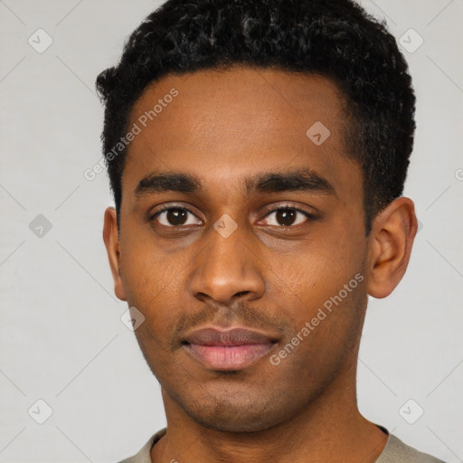 Neutral black young-adult male with short  black hair and brown eyes