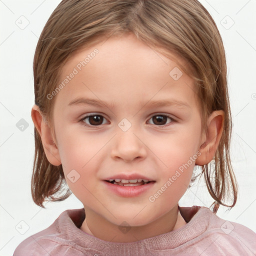 Joyful white child female with medium  brown hair and brown eyes