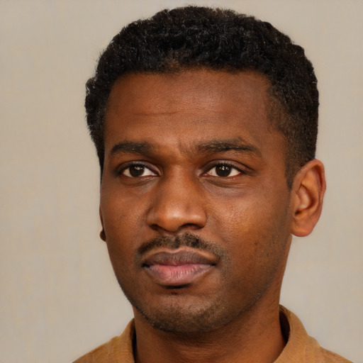 Neutral black young-adult male with short  black hair and brown eyes