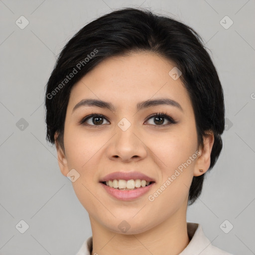 Joyful asian young-adult female with medium  black hair and brown eyes