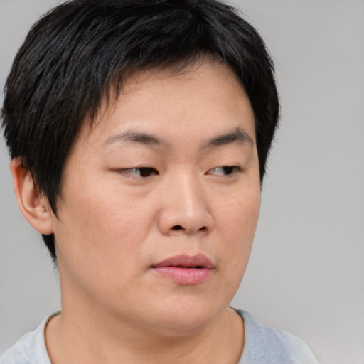 Neutral asian young-adult male with short  brown hair and brown eyes