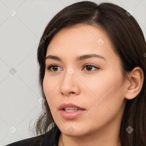 Neutral white young-adult female with long  brown hair and brown eyes