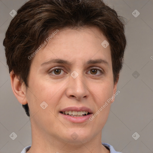 Joyful white adult female with short  brown hair and brown eyes