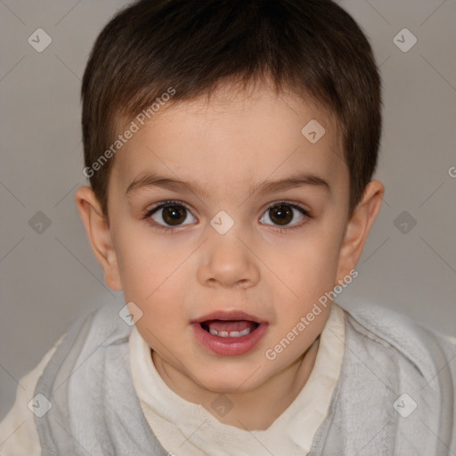 Joyful white child male with short  brown hair and brown eyes