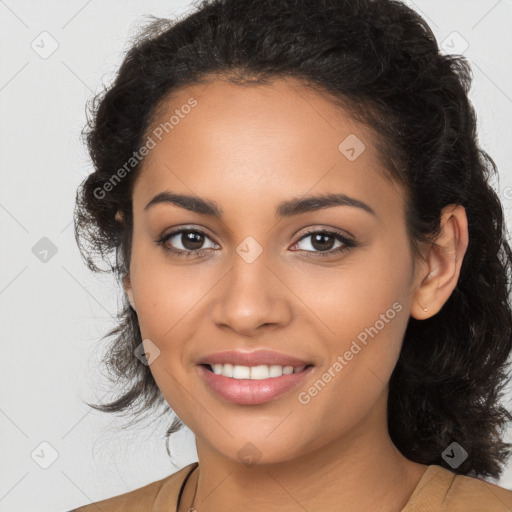 Joyful latino young-adult female with long  brown hair and brown eyes