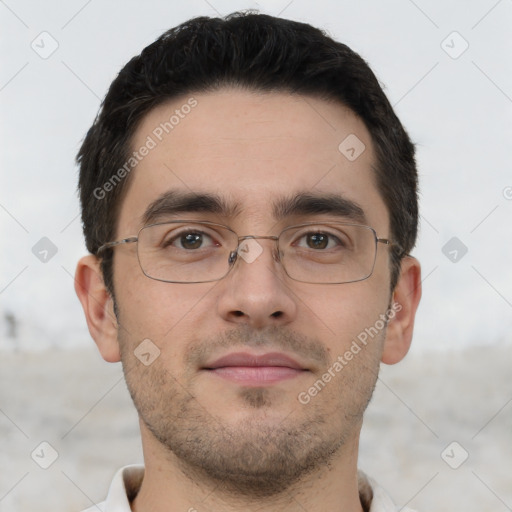 Neutral white young-adult male with short  brown hair and brown eyes