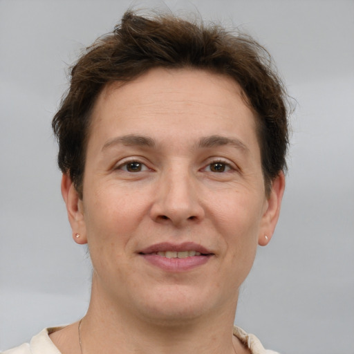 Joyful white adult male with short  brown hair and grey eyes