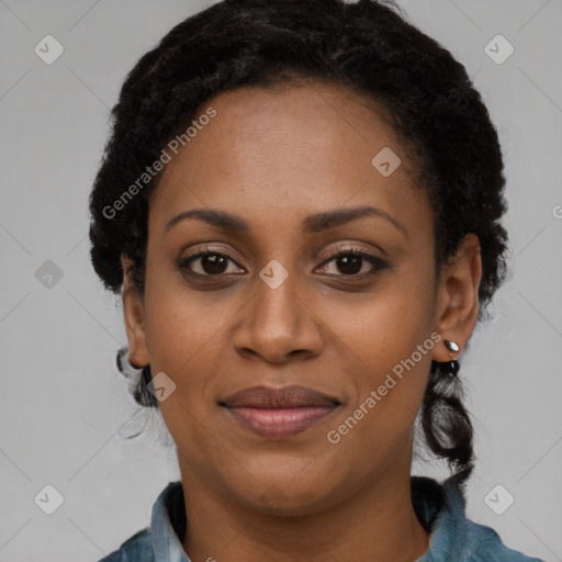 Joyful latino young-adult female with long  black hair and brown eyes