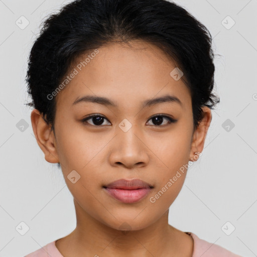 Joyful latino young-adult female with short  brown hair and brown eyes