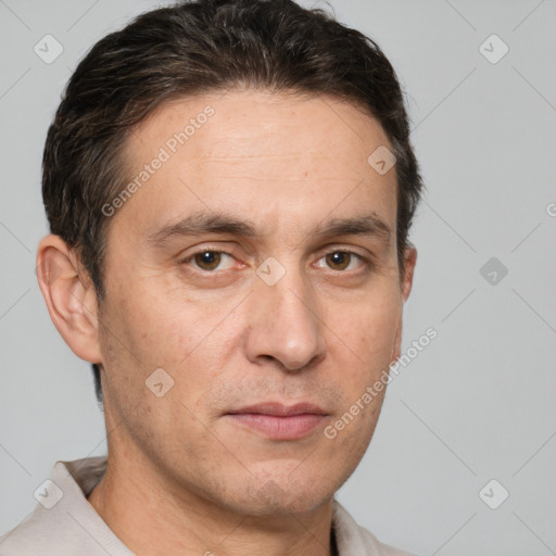 Neutral white adult male with short  brown hair and brown eyes