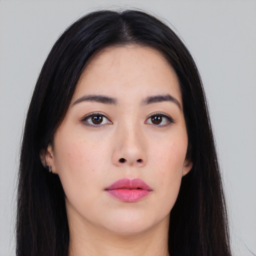 Neutral asian young-adult female with long  black hair and brown eyes