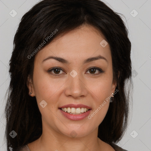 Joyful white young-adult female with long  brown hair and brown eyes