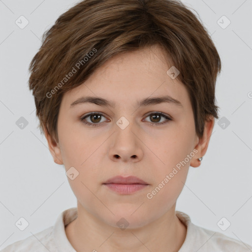 Neutral white young-adult female with short  brown hair and brown eyes