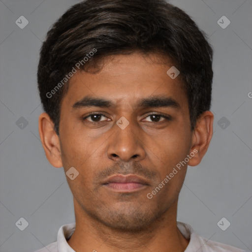 Neutral latino young-adult male with short  black hair and brown eyes