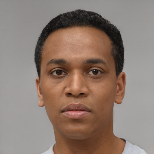 Neutral black young-adult male with short  black hair and brown eyes