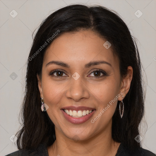 Joyful latino young-adult female with long  brown hair and brown eyes