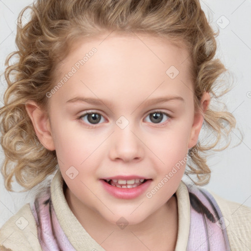 Joyful white child female with medium  brown hair and blue eyes