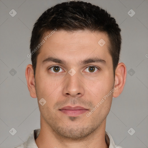 Neutral white young-adult male with short  brown hair and brown eyes