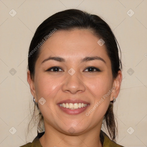 Joyful white young-adult female with medium  brown hair and brown eyes