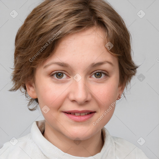 Joyful white young-adult female with medium  brown hair and blue eyes