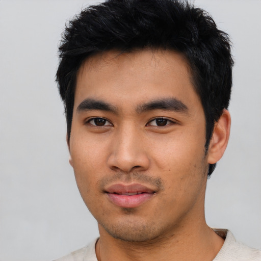 Neutral asian young-adult male with short  black hair and brown eyes