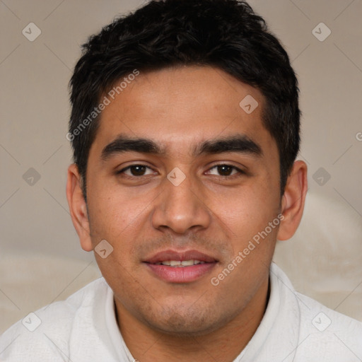 Joyful white young-adult male with short  black hair and brown eyes