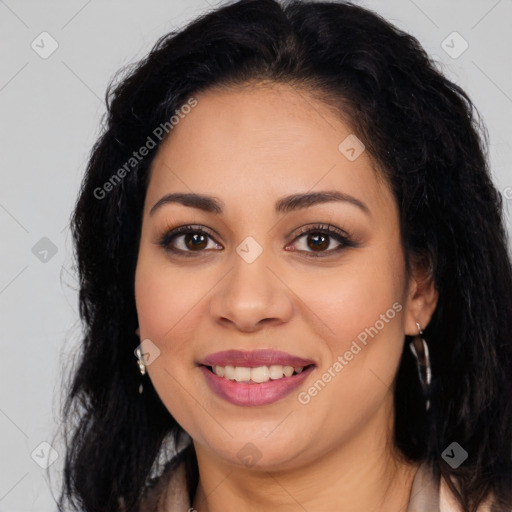 Joyful latino young-adult female with long  brown hair and brown eyes