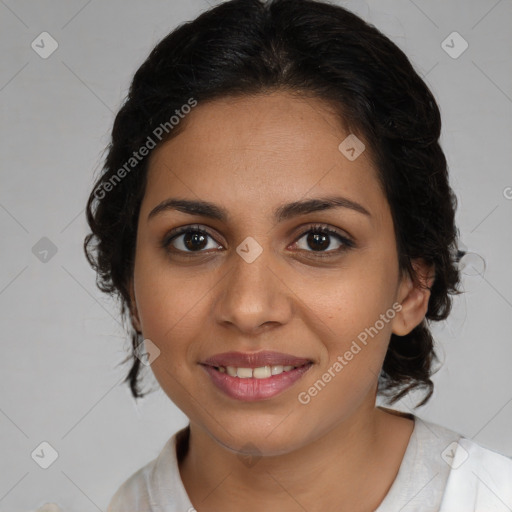 Joyful latino young-adult female with medium  brown hair and brown eyes