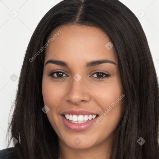 Joyful white young-adult female with long  black hair and brown eyes